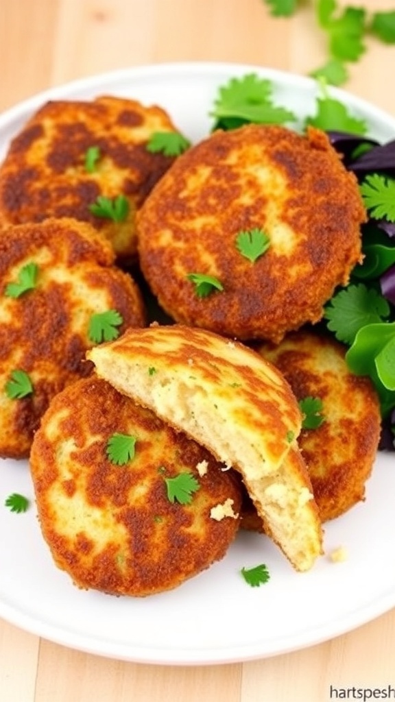 Crispy air fryer tuna cakes on a plate with greens, garnished with parsley.
